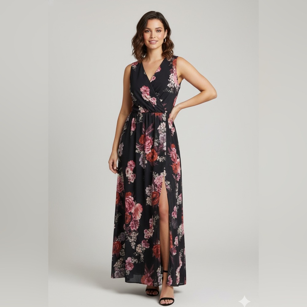 NWT Luxedo Divine Allure Floral Maxi Dress XL Black Pink Chiffon Faux Wrap Slit